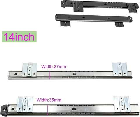 Full Extension Drawer Slides 2 Pack Silent Smooth Ball Bearing Rails, 14 inch, showing widths 27mm and 35mm in chrome steel