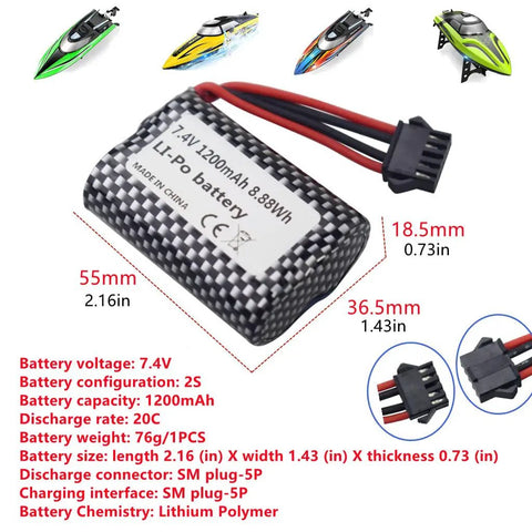 2 Pack 7.4V 1200mAh Lithium Battery For R208 R308 2008 RC boat with SM-5P connector, showing dimensions and specifications.