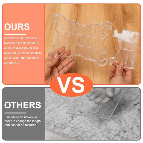 Clear acrylic sofa wall spacers shown in hand, highlighting disassemble feature vs traditional spacers. Two Pack Clear Acrylic Sofa Wall Spacers Keep Paint Fresh And Block Deep Scratches With Reusable Invisible Gap Push Backers That Lock Couches Tight To Walls For A Dope Home Setup.