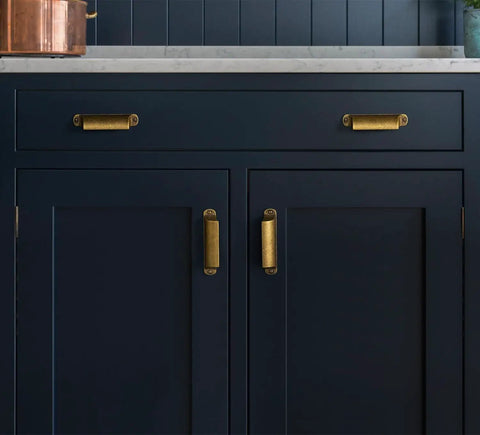 Kitchen cabinets with Six Pack Antique Brass Cup Pulls For Cabinets And Drawers, Vintage Zinc Alloy Kitchen Hardware, 5.04 Inch Center To Center Cup Pulls.