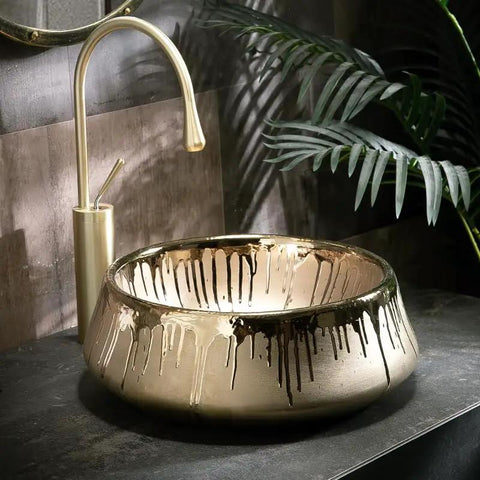 USZWBY European Style Golden Vessel Vanity Sink Above Counter Basin for Bathroom Or Balcony Home Décor with drip design.