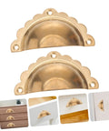 Vintage Gold Semi Circle Cabinet Door Pulls 2 Pack on white background, shown on drawers and cabinets.