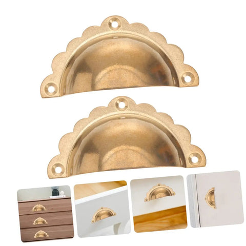 Vintage Gold Semi Circle Cabinet Door Pulls 2 Pack on white background, shown on drawers and cabinets.