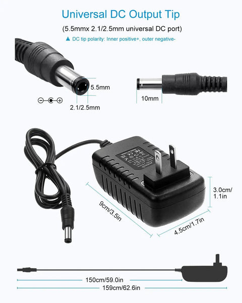 Go-To 24V DC Power Supply 1A 24W AC Adapter With 5.5mm Outer 2.1 To 2.5mm Inner Barrel Connector, dimensions shown, front view.