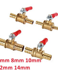 Heavy Duty Brass Ball Valve With Hose Barb Fitting Transitions 1/4 Inch To 12mm Tubing, featuring various hose sizes and red handles.