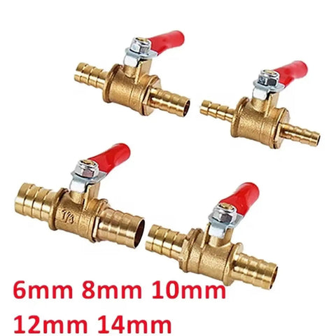 Heavy Duty Brass Ball Valve With Hose Barb Fitting Transitions 1/4 Inch To 12mm Tubing, featuring various hose sizes and red handles.
