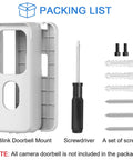 Packing list showing components: Adhesive Door Mount For All New Video Doorbell Camera 2nd Gen No Drill Mounting Bracket, screws, screwdriver
