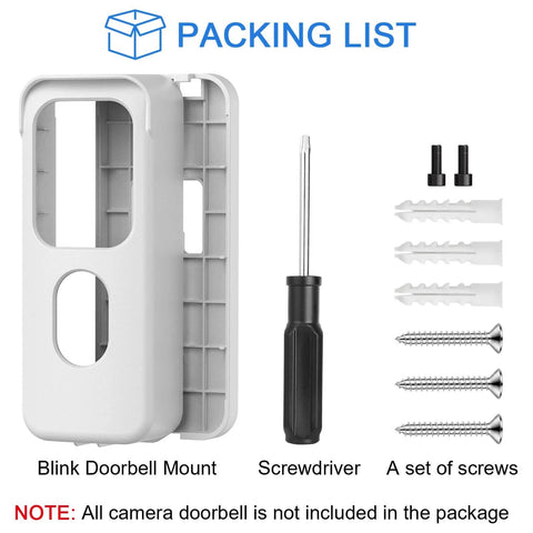 Packing list showing components: Adhesive Door Mount For All New Video Doorbell Camera 2nd Gen No Drill Mounting Bracket, screws, screwdriver