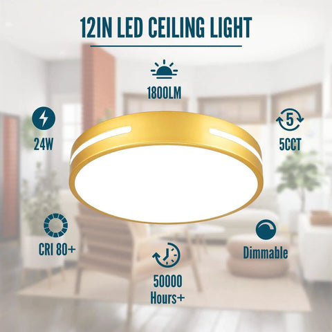 Close To Ceiling LED Flush Mount Light 12 Inch 24W With 5 CCTs highlighted features in a modern room setting