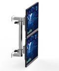 Heavy Duty Dual Monitor Arm Stand with two displays, industrial steel build, perfect for multi screen setups.