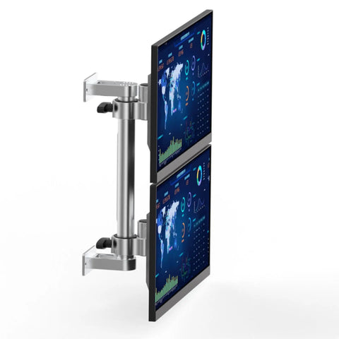 Heavy Duty Dual Monitor Arm Stand with two displays, industrial steel build, perfect for multi screen setups.