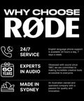 Infographic highlighting RØDE's 24/7 service, 60 years of audio expertise, and being made in Sydney.