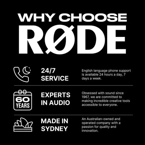 Infographic highlighting RØDE's 24/7 service, 60 years of audio expertise, and being made in Sydney.