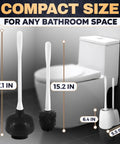 Premium Heavy Duty Toilet Plunger And Brush Set With Sleek Storage Stand dimensions showing compact sizes for effective bathroom cleaning.