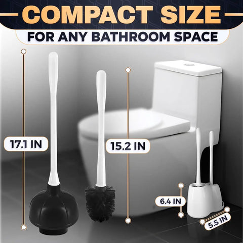 Premium Heavy Duty Toilet Plunger And Brush Set With Sleek Storage Stand dimensions showing compact sizes for effective bathroom cleaning.