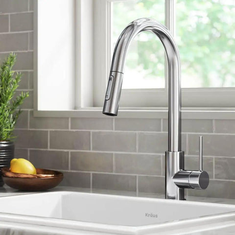 Contemporary Oletto Pull-Down Kitchen Faucet With Single Handle In Chrome Finish, Spot-Free And Corrosion-Resistant, Easy-Clean Design