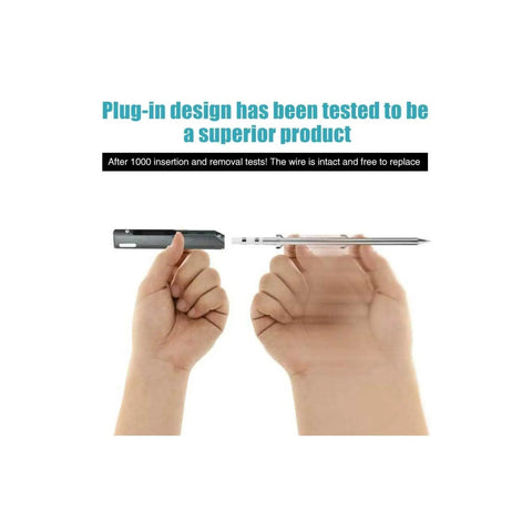 Hands holding TS100 soldering iron with a replacement tip, showcasing the 7 Piece Soldering Iron Tip Replacement Set For TS100 And Mini Digital Soldering Irons, Durable Stainless Steel Copper Tips For Portable Outdoor Kits, High Temp Heat Conduction, Easy Swap.