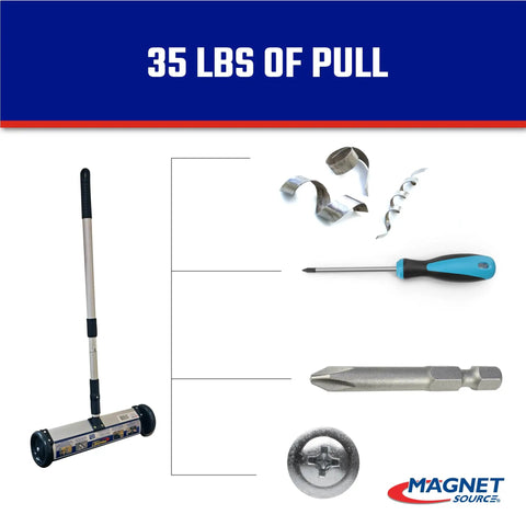 Magnetic Sweeper With Wheels, Mini Push Type Yard Nail Picker, 13 Inch Rolling Magnet, Telescoping Handle, Quick Release Drop