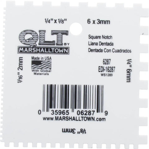 Square Notched Spreader and Scraper for Tile Adhesive detailing notch sizes and brand label, Made in the USA.