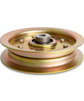 Flat Idler Pulley Replacement for Cub Cadet Riding Lawn Mower Decks 42-54 inch, 2 Pack, steel pulley, angled view