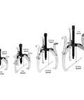 Beefy Built Tough Gear Puller Set 3 Jaw 4 Piece With 3 4 6 And 8 Inch Reversible Pullers shown in ascending size order