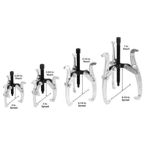 Beefy Built Tough Gear Puller Set 3 Jaw 4 Piece With 3 4 6 And 8 Inch Reversible Pullers shown in ascending size order