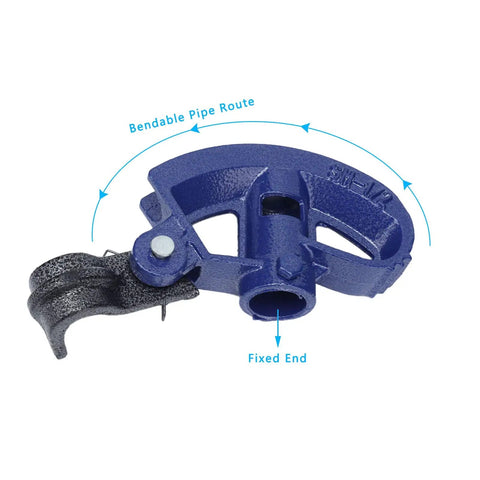 Heavy Duty Manual Pipe Bender For Thin Iron,PVC & Aluminum showing blue hardened carbon steel tool for bending pipe.