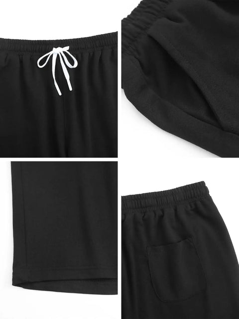 Close-up of Men's Casual Shorts With Elastic Waist Drawstring, Lightweight Polyester, black color, showing pockets and fabric texture.