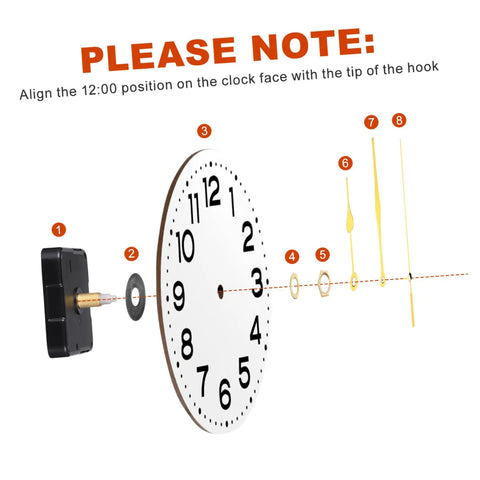 Exploded view of Quartz Clock Movement Battery Operated No Tick Silent Wall Clock Mechanism Replacement Kit with parts labeled.