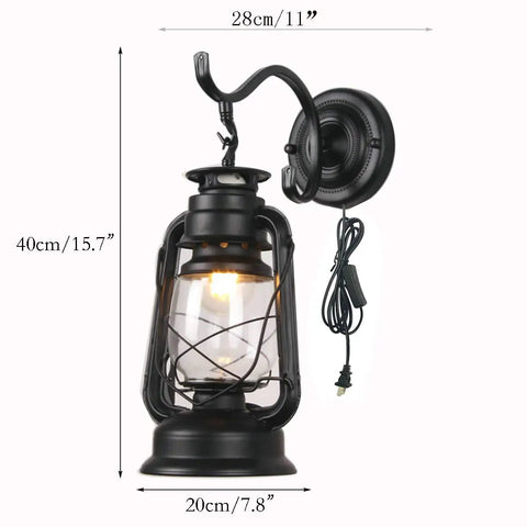 Plug In Wall Sconce Lamp With E27 Base Metal Glass Shade Cozy Soft Light For Living Room Bedroom Bedside And Hotel Home Decor Energy Saving Lantern Style Wall Light, black metal with glass shade, showing dimensions.