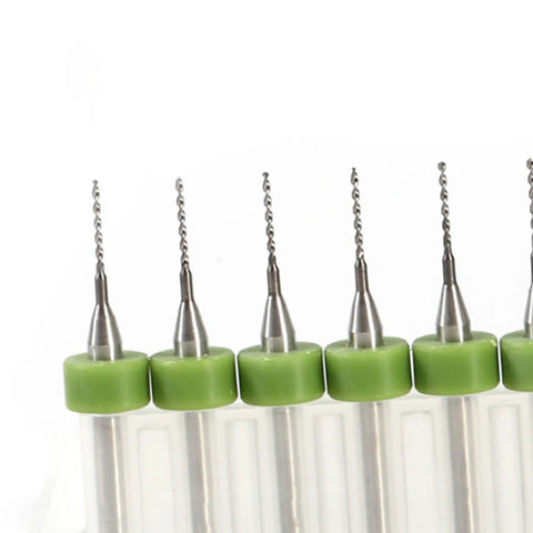 10 Piece Tungsten Carbide Drill Bits Set For Pro Grade Precision PCB And Electronics Prototyping, green base, close-up detail