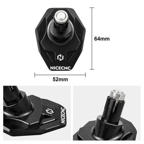 Beefy Kickstand Foot Extension Pad And Puck For Dirt Bikes, CNC Billet Aluminum, Wider Footprint To Prevent Sinking In Mud Or Sand, Compatible With KTM 125-530 XC XCW XCF XCF-W EXC EXC-F 2008-2023, Black, dimensions shown.