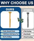 Heavy Duty Number 8 X 1-1/4 Exterior Deck Screws With Tan Epoxy Coating and T25 Star Bit compared to rusty screws.