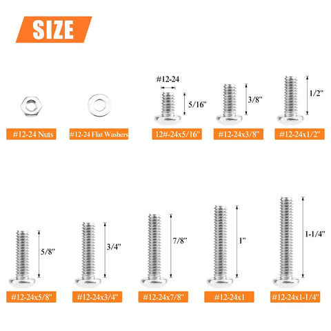 Pro Grade Heavy Duty Pack Of 102 Number 12-24 Phillips Pan Head Machine Screws sizes #12-24 nuts, flat washers, and assorted lengths.