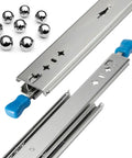 Heavy Duty Full Extension Drawer Slides With Lock Rock Solid Ball Bearing Side Mount Runners And Built Tough Sliding Rails For Furniture And Toolboxes Pair Of 10 Inch Steel Guides with chrome balls and blue handle.