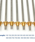 Stainless steel Beefy T10 lead screws for CNC machines and 3D printers, trapezoidal spindle with nut, lengths 100mm to 1000mm, shown.