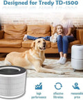 H13 Grade True HEPA Replacement Filter For Smoke Odors Dust Pet Dander TD-1500 Air Purifier 4 Stage High Efficiency Filter shown with dog and purifier