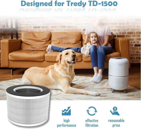 H13 Grade True HEPA Replacement Filter For Smoke Odors Dust Pet Dander TD-1500 Air Purifier 4 Stage High Efficiency Filter shown with dog and purifier