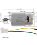 High Power RS550 Planetary Gear DC Motor With 12000-40000 RPM Speed Boost For DIY Robot Cars RC Hobby and Crazy Small Mechanical Machines That Run Smooth! showcasing dimensions and connector.