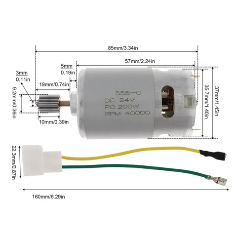 High Power RS550 Planetary Gear DC Motor With 12000-40000 RPM Speed Boost For DIY Robot Cars RC Hobby and Crazy Small Mechanical Machines That Run Smooth! showcasing dimensions and connector.