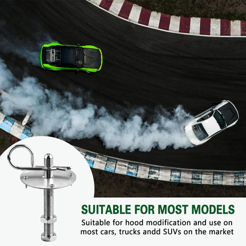 Heavy Duty Stainless Steel Car Hood Pins Kit With Quick Release Lock Latch next to race cars on track