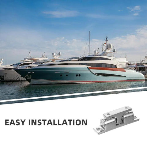 Heavy Duty Marine Door Latch Stainless Steel Cabinet Catch shown with yacht, highlighting easy install and corrosion resistance