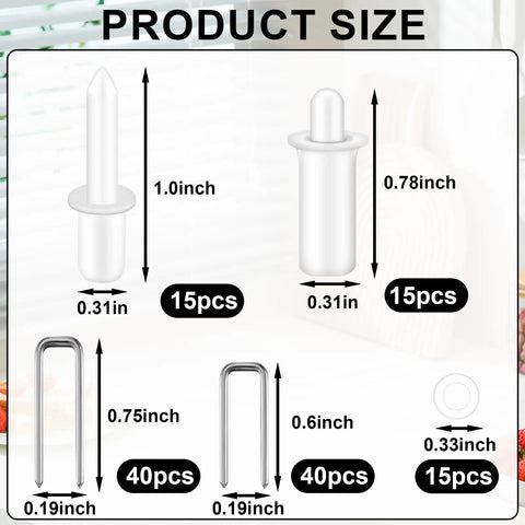 Pro Grade Plantation Shutter Repair Kit With Heavy Duty Louver Staples And Snap In Place Spring Pins For Window Hardware Refresh Zero Point Seven Five Inch And Zero Point Six Inch Mixed Sizes No Sweat Fix size chart showing louver staples and spring pin measurements.