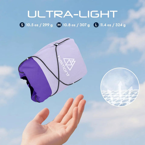 10L Trail Running Hydration Vest With Soft Flasks Purple S for ultraruns and endurance training, folded and lightweight in hand