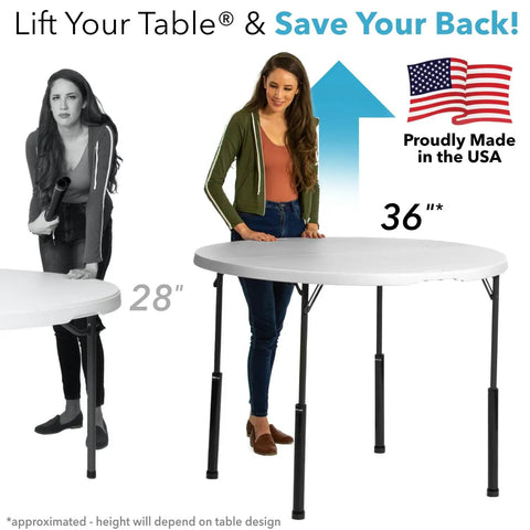 Woman using Folding Table Leg Extenders For Straight Leg Tables 1.25 Inch Fit No Tools Setup Portable And Sturdy USA Made Set Of 4