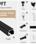 Heavy Duty Ceiling Curtain Track System For Room Divider And Wall Mounted Sliding Curtain Rail With Clips And Hooks For Living Room Bedroom Shower And Outdoor Use Aluminum Alloy Weather Resistant 6 To 9 Feet Black, showing 9ft black track, pulleys, end caps, clips, hooks, ceiling and wall mounts, connectors, expansion bolts.