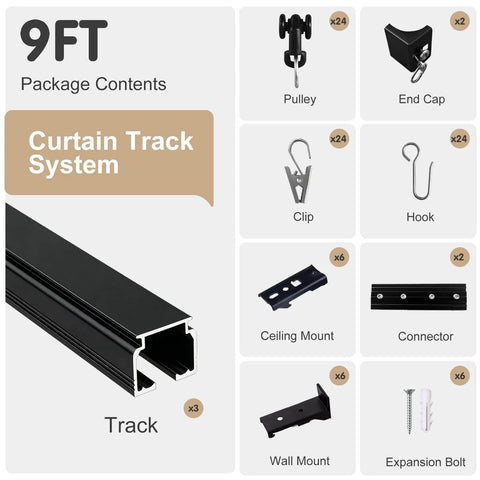 Heavy Duty Ceiling Curtain Track System For Room Divider And Wall Mounted Sliding Curtain Rail With Clips And Hooks For Living Room Bedroom Shower And Outdoor Use Aluminum Alloy Weather Resistant 6 To 9 Feet Black, showing 9ft black track, pulleys, end caps, clips, hooks, ceiling and wall mounts, connectors, expansion bolts.