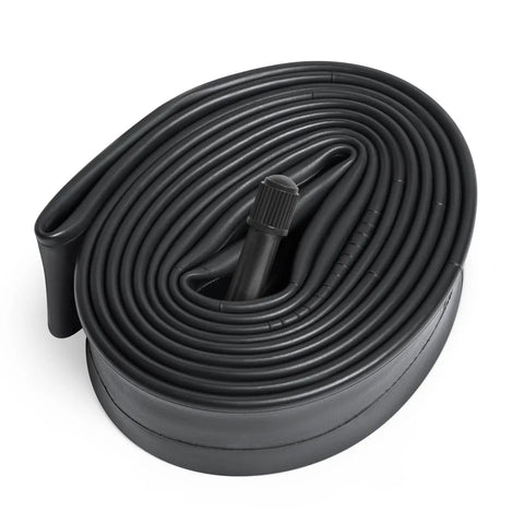 Two Pack 27 Inch Bike Tubes Fit 27x1 1/4 to 1 3/8 AV32mm Schrader Valve 32/37-630 Durable Butyl Rubber With Reliable Seal Ozone And Aging Resistance Easy Install For Road And Hybrid Bikes coiled on white background