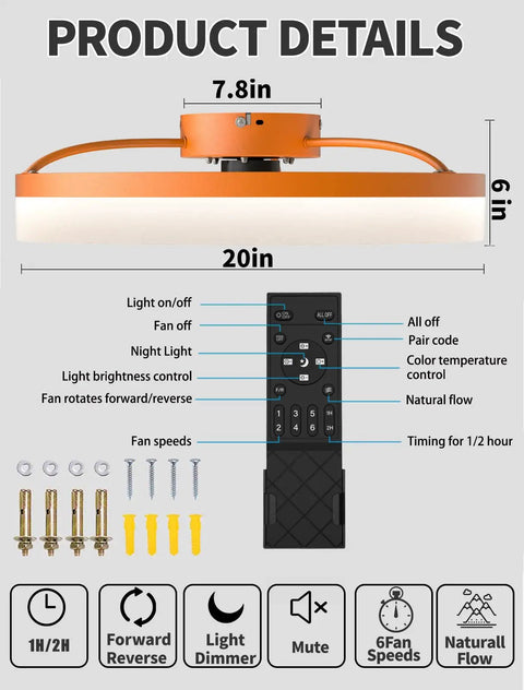 Ceiling Fan With Lights Dimmable LED Remote Control Timing 5 Reversible Blades Flush Mount Low Profile Design Orange Finish