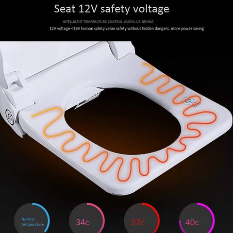 Heavy Duty Smart Bidet Toilet Seat With Stainless Steel Nozzle showing heated surface and safety voltage feature.